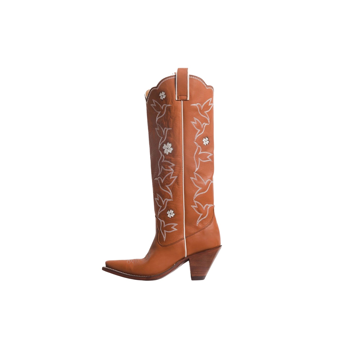 Brick Red Snip-Toe Birds Embroidery Flowers Inlay Wide Calf Knee High Cowgirl Boots