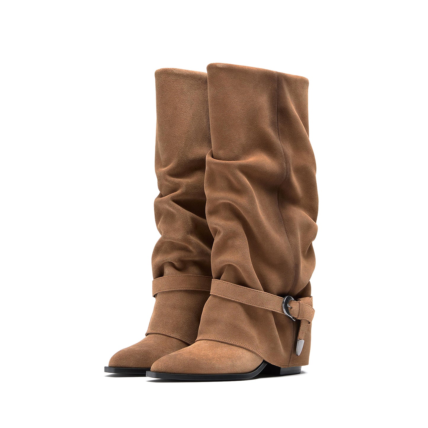 Camel Faux Suede Almond-Toe Fold-Over With Buckle Strap Mid Calf Cowgirl Boots
