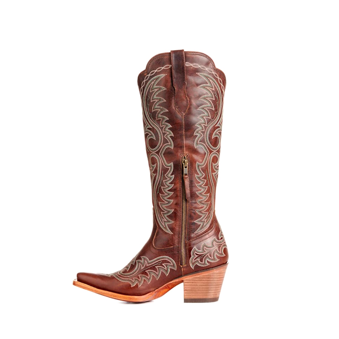 Mahogany Snip-Toe Chic Embroidery Half-Zip Knee High Cowgirl Boots