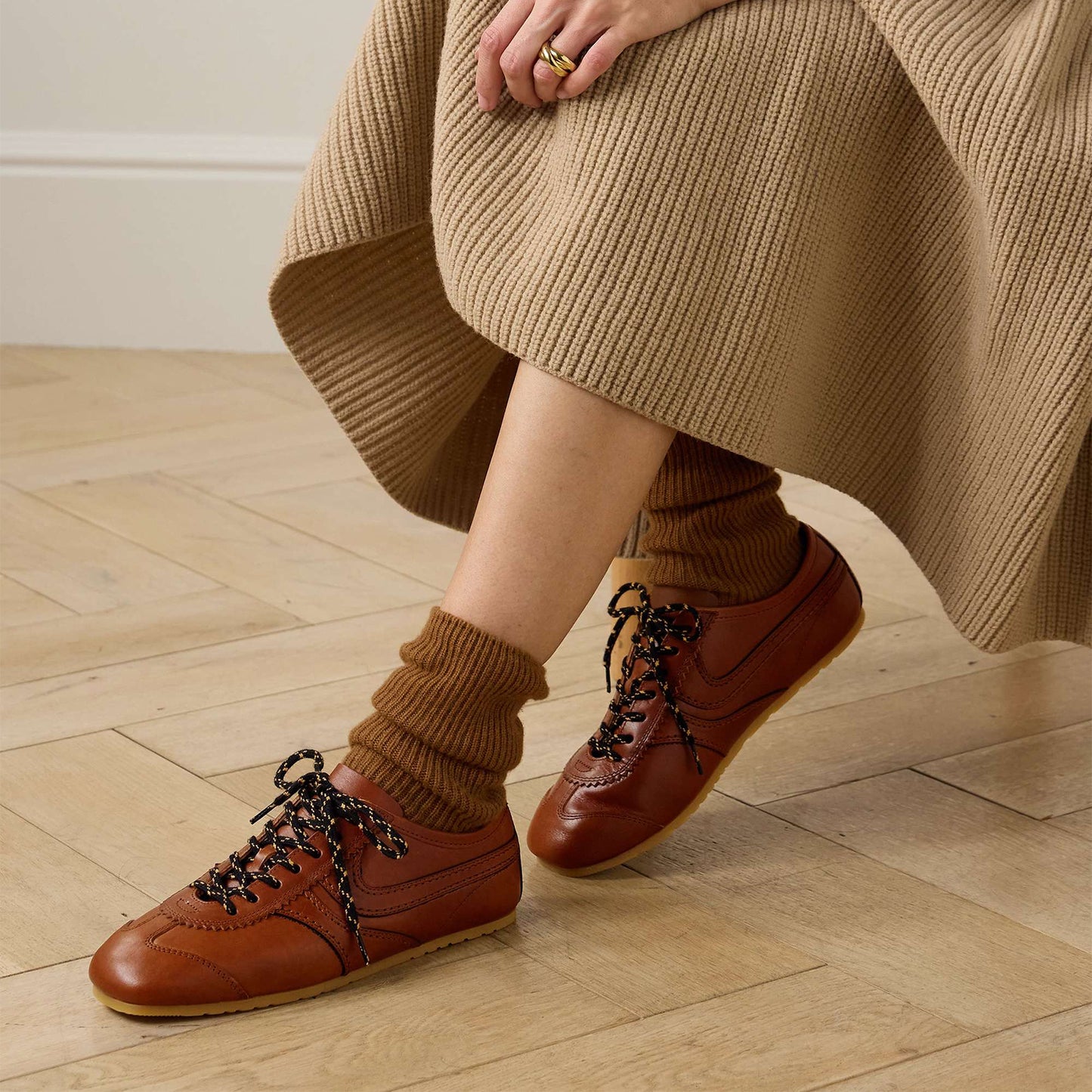 Tan Vegan Leather Square-Toe Lace-Up Sneakers Flats