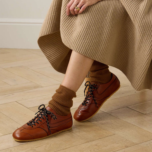 Tan Vegan Leather Square-Toe Lace-Up Sneakers Flats