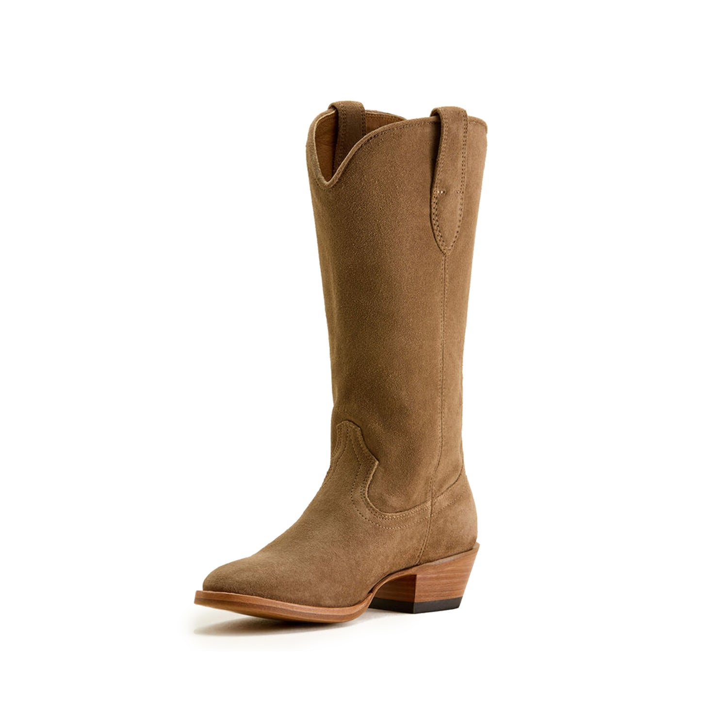 Tan Faux Suede Round-Toe Simple Mid Calf Classic Cowgirl Boots