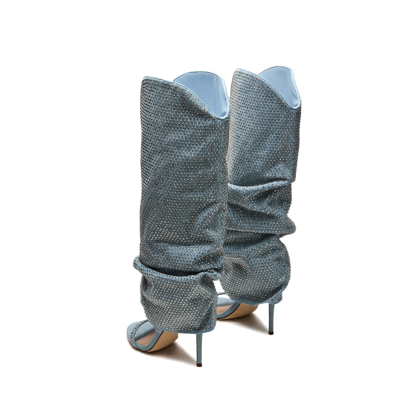 Blue Denim Open Round-Toe Rhinestone Wide Calf Knee High Stiletto Boots