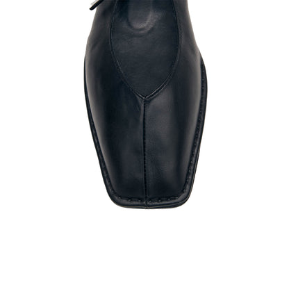 Black Square-Toe V-Cut Vamps Bridge Self-Tie Bow Ballet Flats