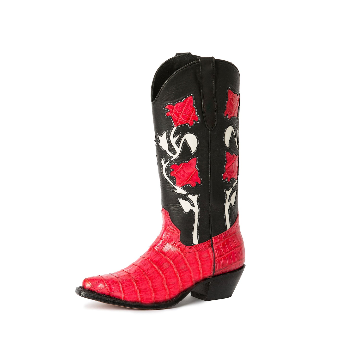 Black Almond-Toe Flowers And Crocodile Print Appliques Mid Calf Cowgirl Boots