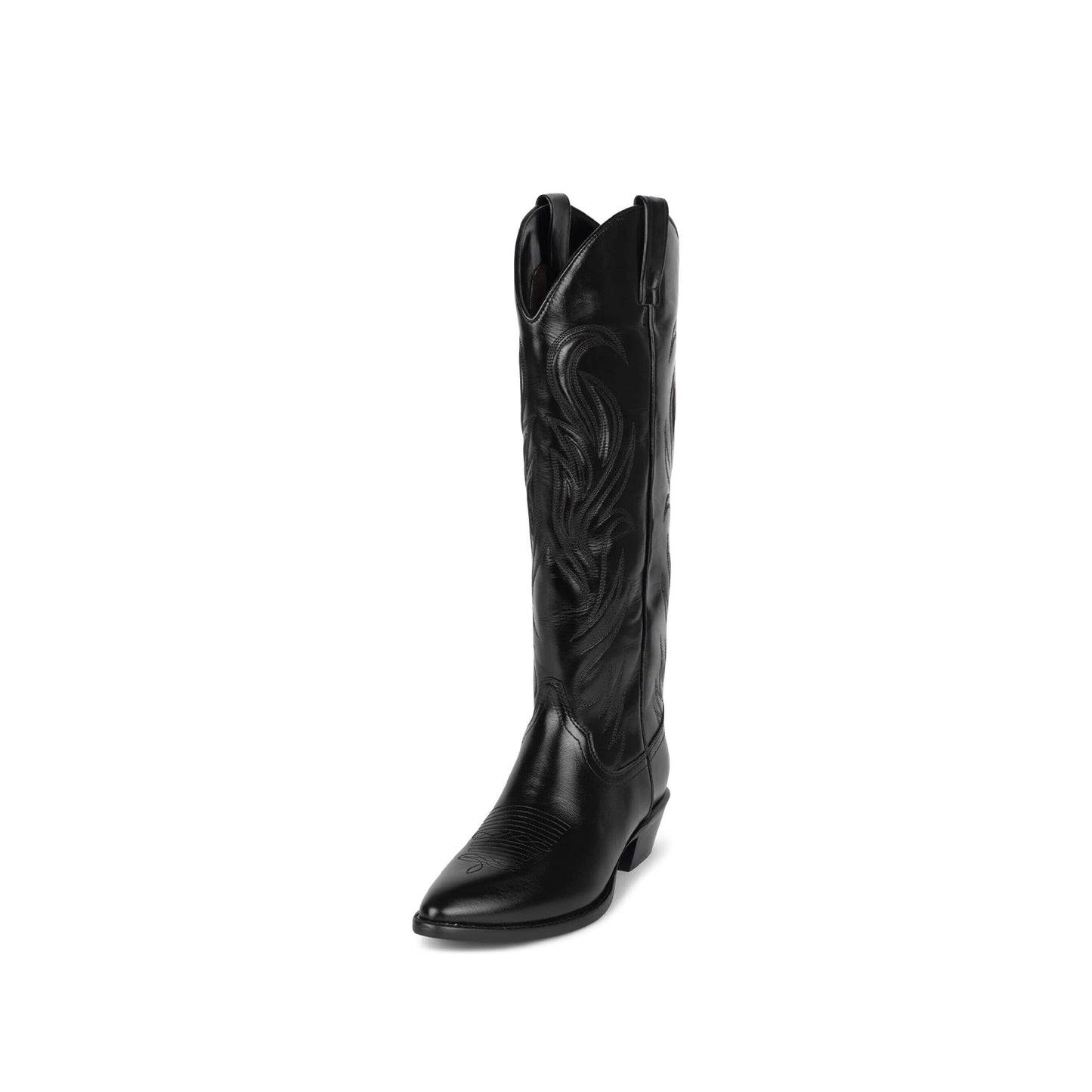 Black Vegan Leather Almond-Toe Embroidery Wide Calf Knee-High Cowgirl Boots