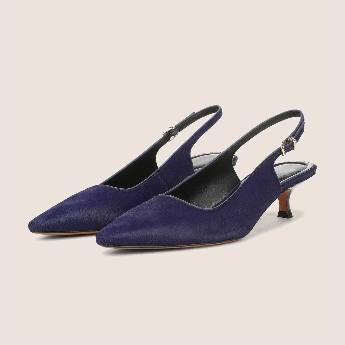 Navy Pony Hair Vegan Leather Chic Pointed-Toe Buckle Slingback Kitten Heels