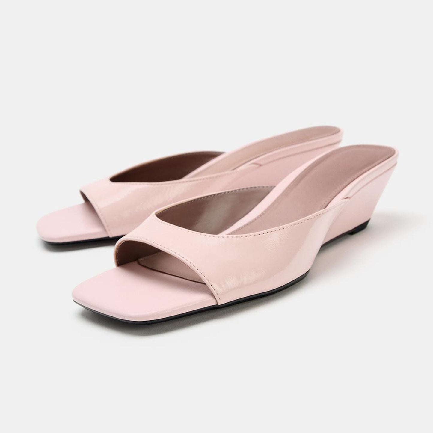 Blush Pink Square-Toe Backless Wedge Heel Sandals