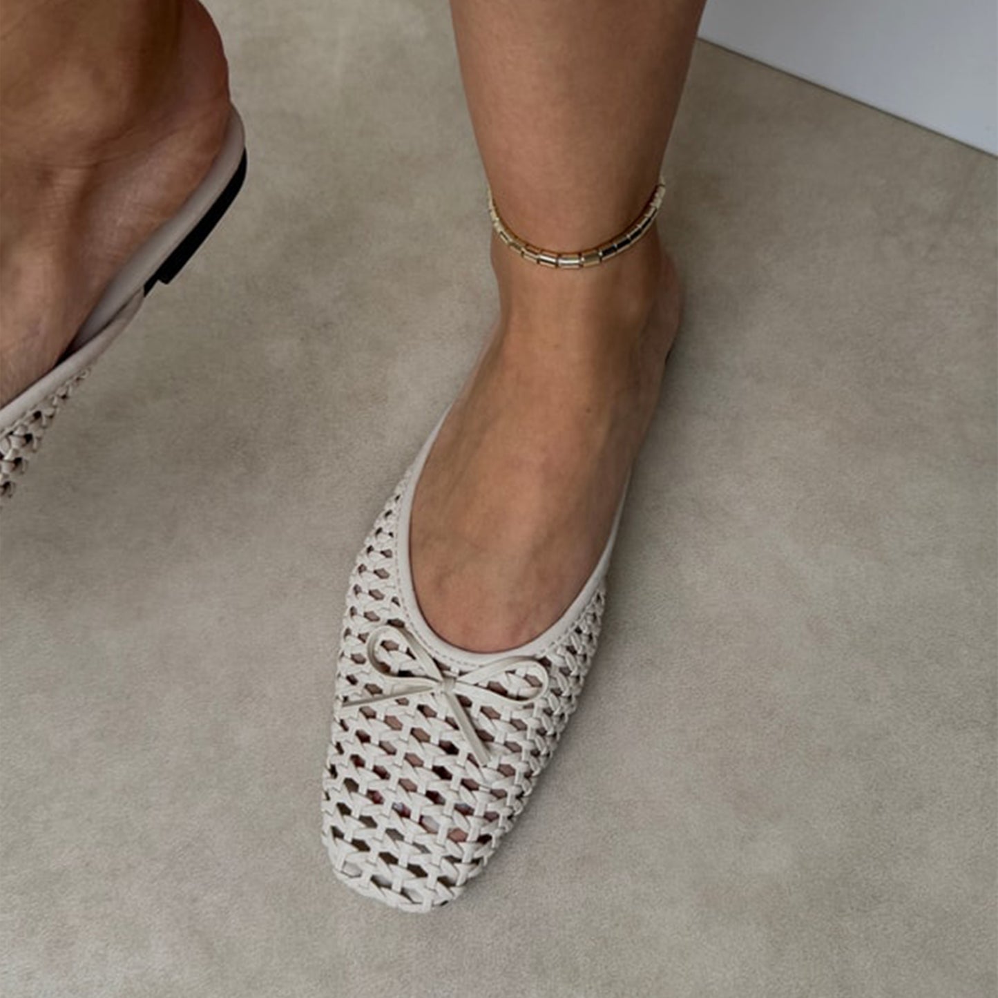 Ivory Woven Vegan Leather Square-Toe Front Bow Backless Chic Flats