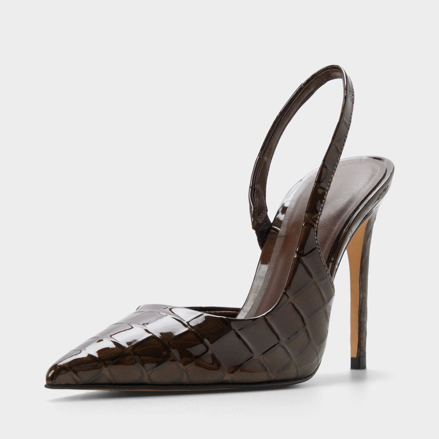 Dark Brown Stone Pattern Patent Leather Pointed-Toe Back Strap High Heels