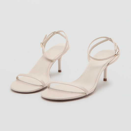 Ecru Round-Toe Strappy Ankle And Back Straps Sandals Kitten Heels