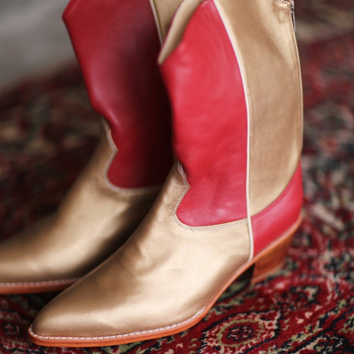 Gold And Red Almond-Toe Simple Back Full-Zip Mid Calf Cowgirl Boots
