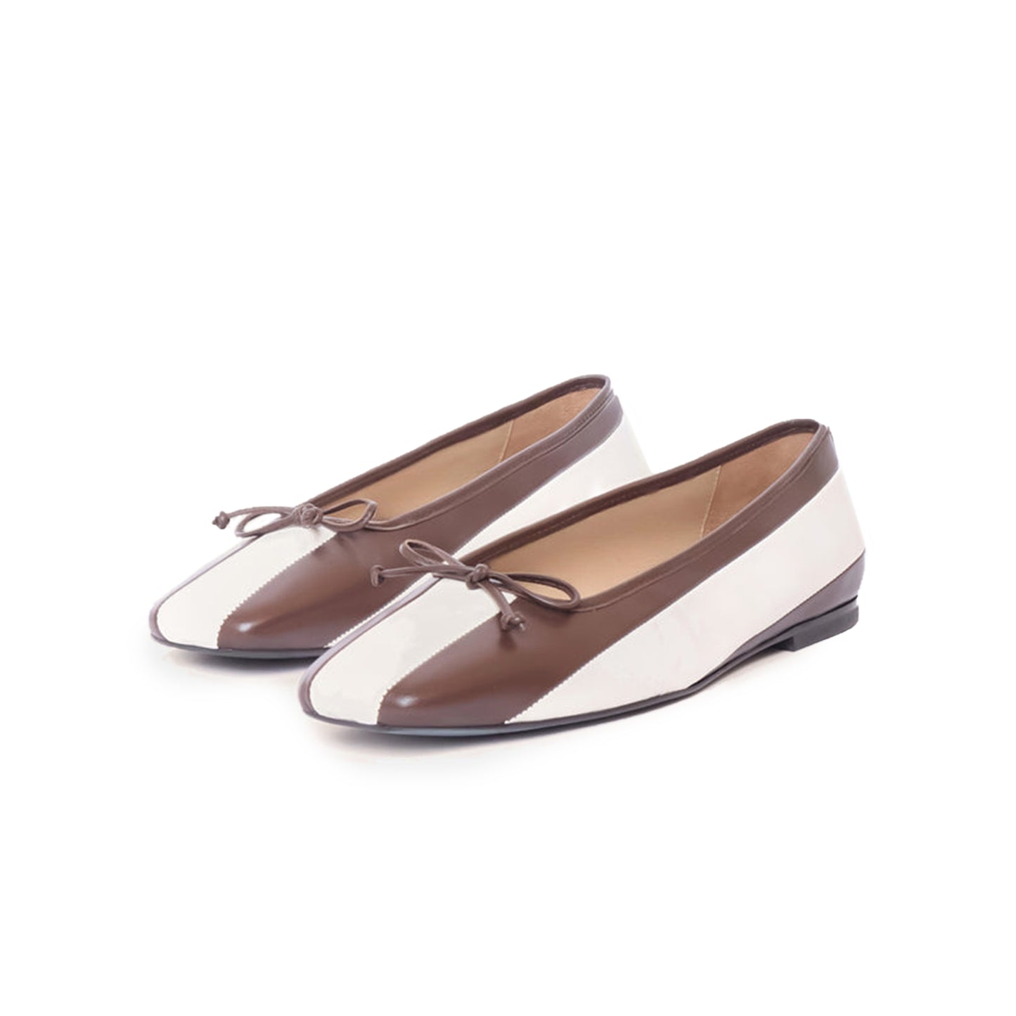 Contrast Cream And Brown Square-Toe Front Bow Slip-On Ballet Flats