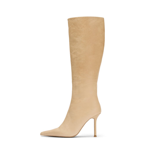 Vintage Beige Pointed-Toe Full-Zip Sleek Knee High Stiletto Boots