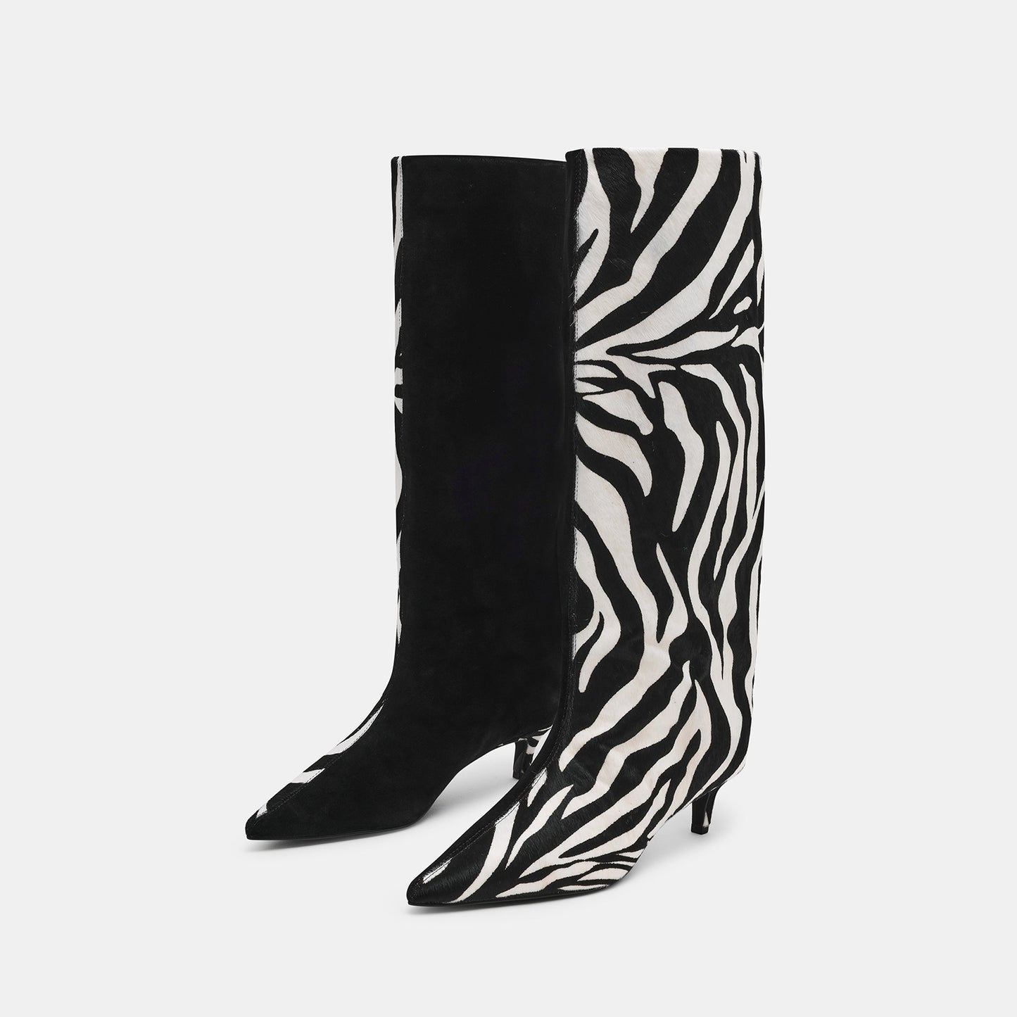 Black Faux Suede And Zebra Pattern Vegan Leather Pointed-Toe Wide Calf Knee High Stiletto Boots