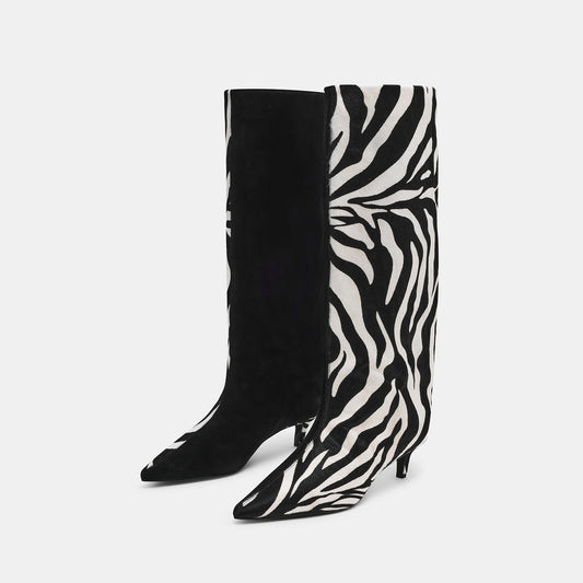 Black Faux Suede And Zebra Pattern Vegan Leather Pointed-Toe Wide Calf Knee High Stiletto Boots