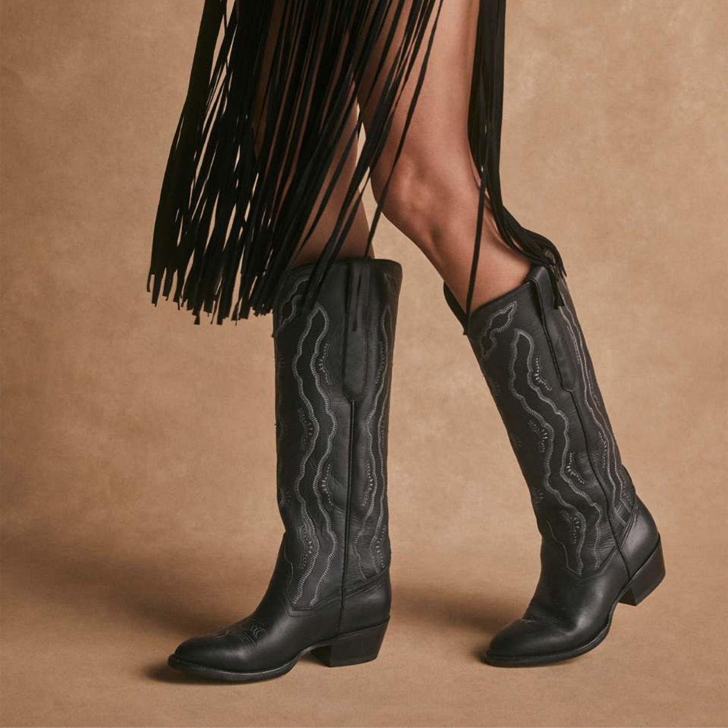 Black Round-Toe Classic Embroidery Wide Calf Knee High Tall Cowgirl Boots