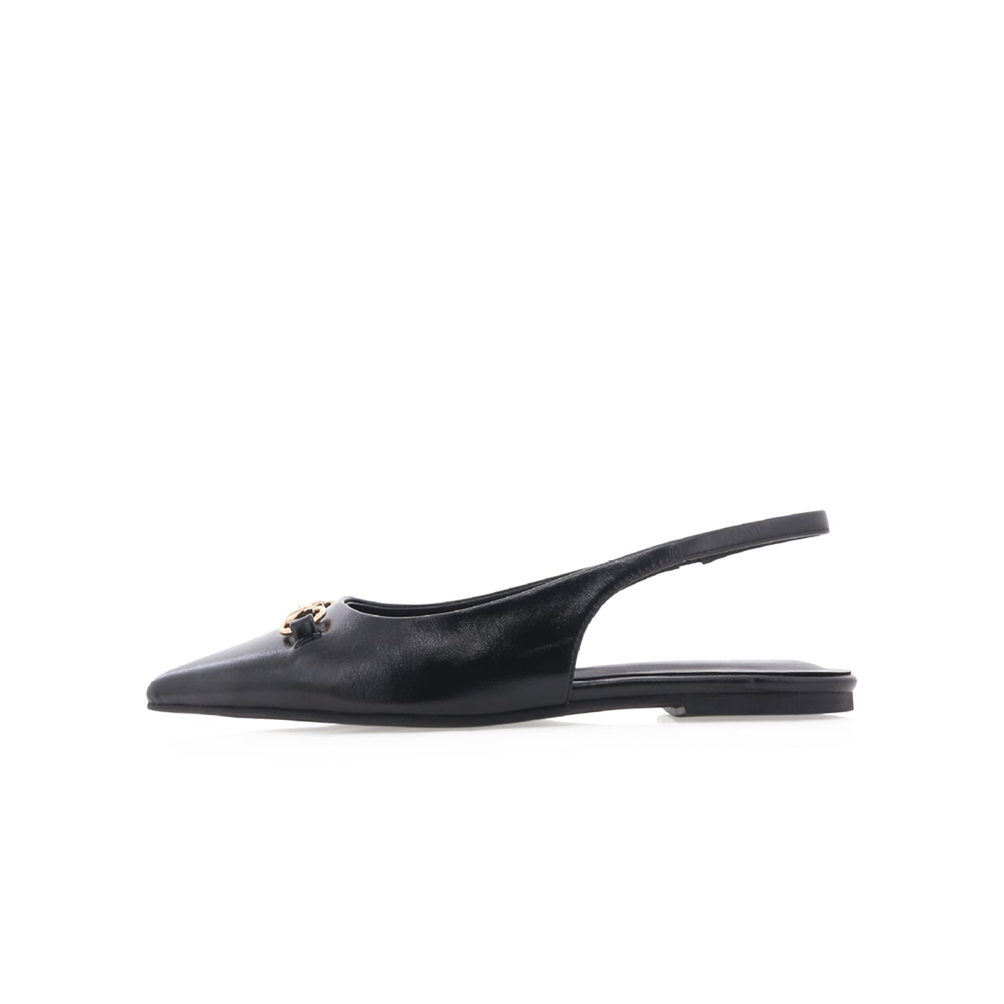 Black Pointed-Toe Front Gold Chain Slingback Flats