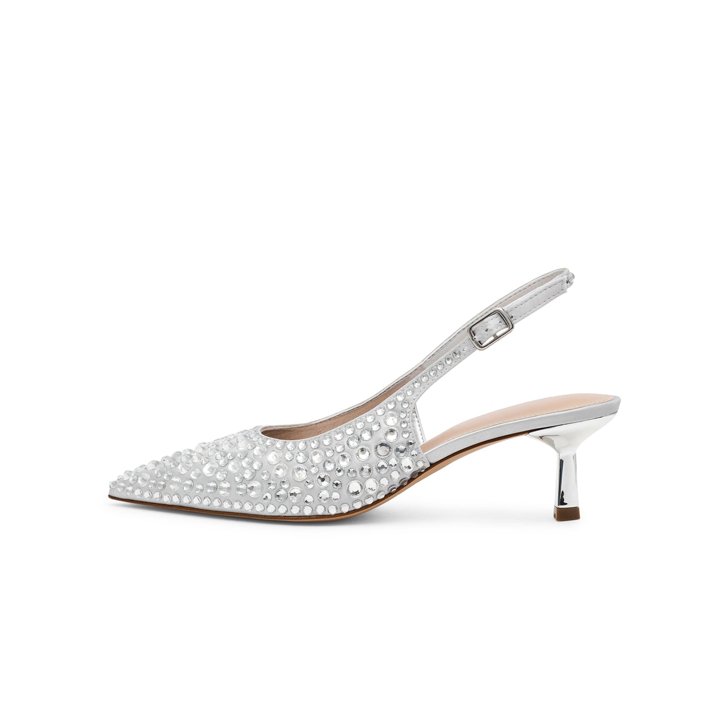 Silver Satin Full Crystals Pointed-Toe Classic Slingback Kitten Heels