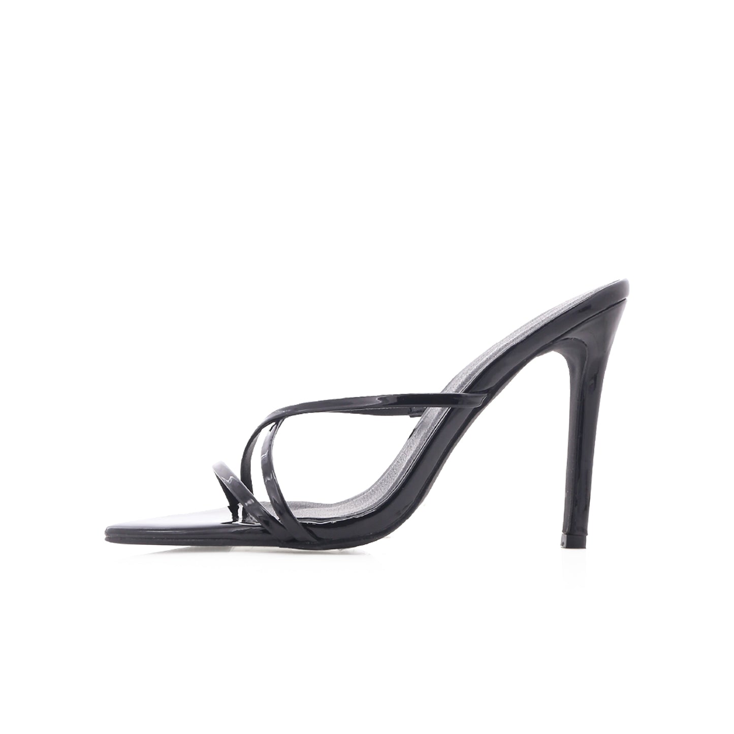 Patent Black Open Pointed-Toe Three Straps High Heels