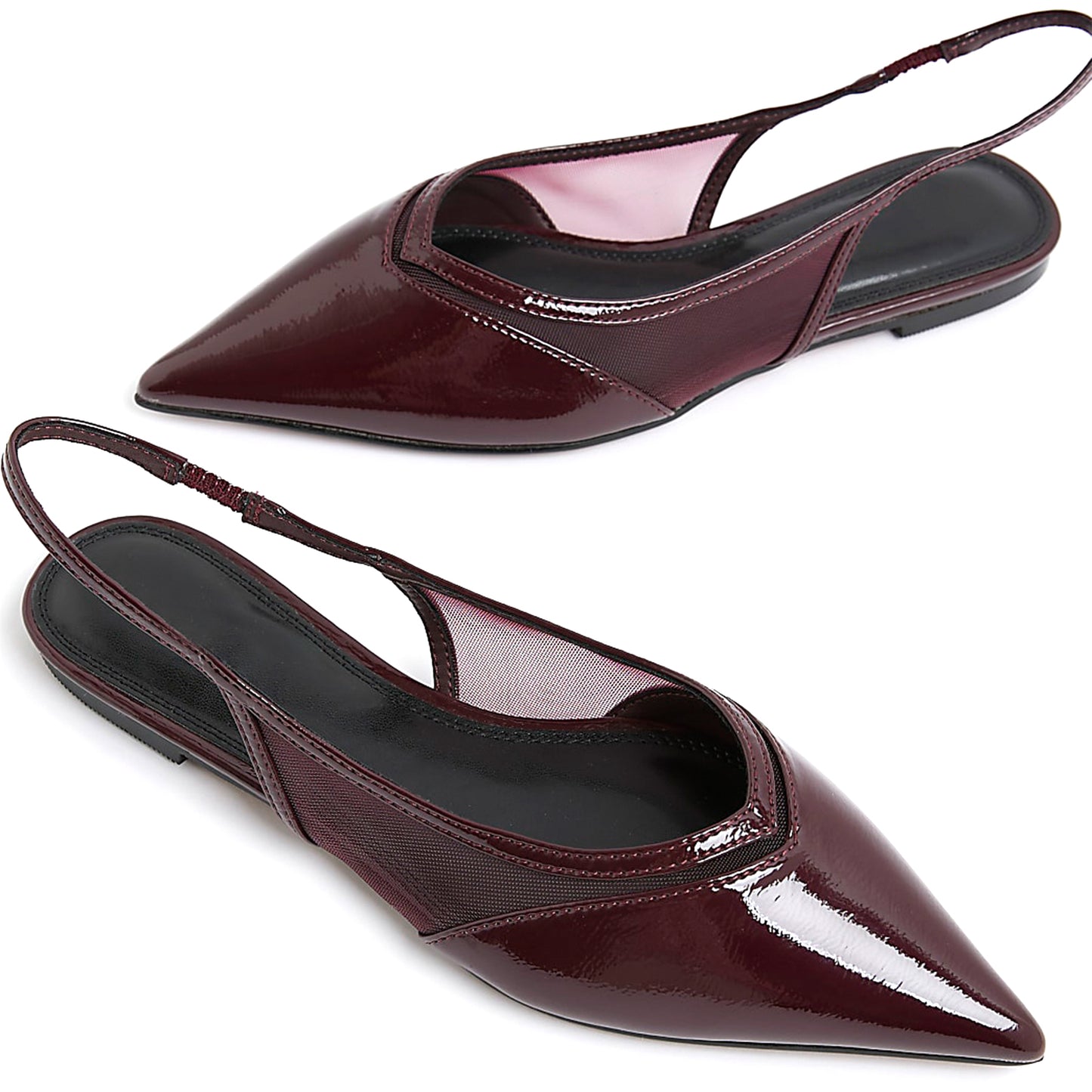 Red Contrast Patent And Mesh Pointed-Toe Slingback Flats