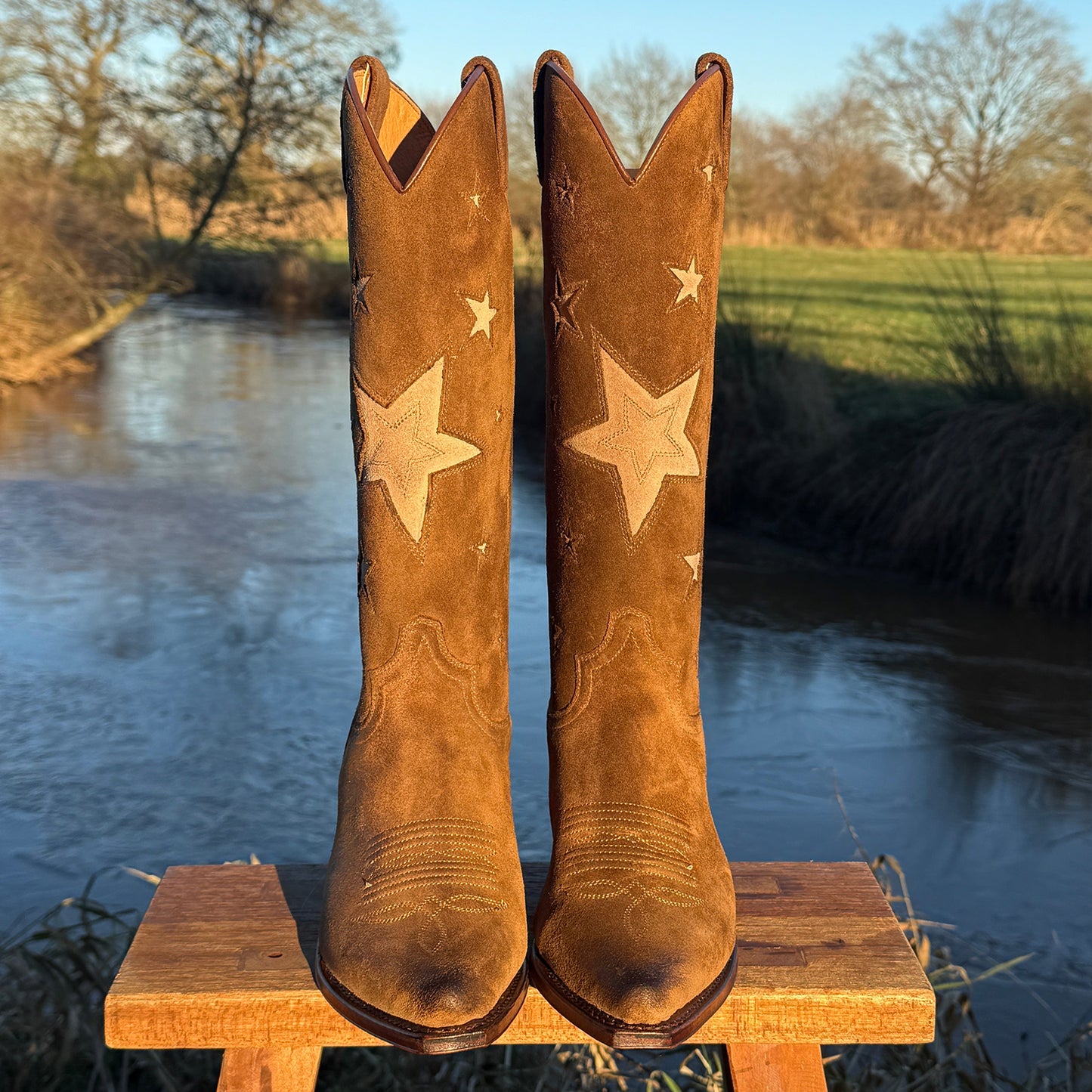 Brown Faux Suede Snip-Toe Chic Stars Inlay Mid Calf Cowgirl Boots
