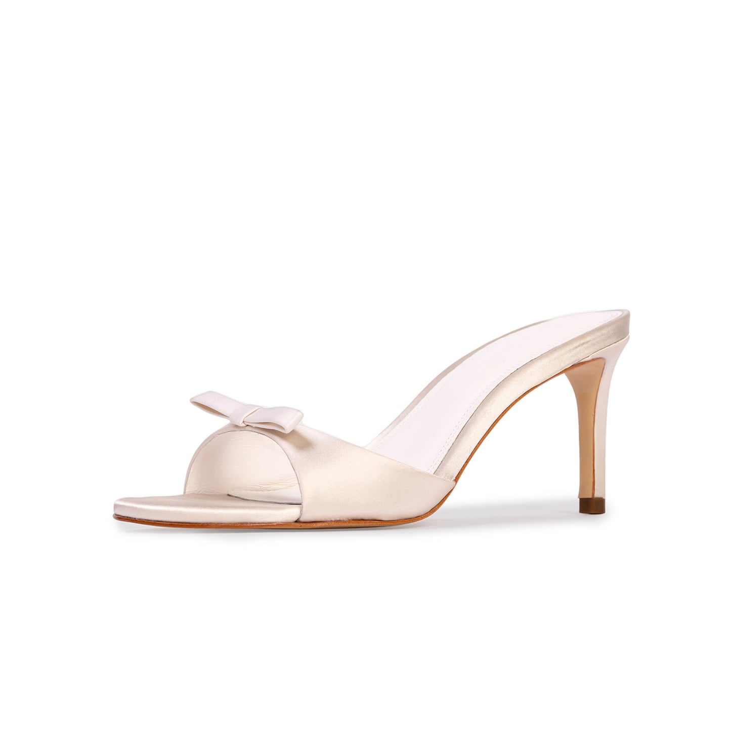 Light Pink Satin Round-Toe Front-Bow Backless Kitten Heels.