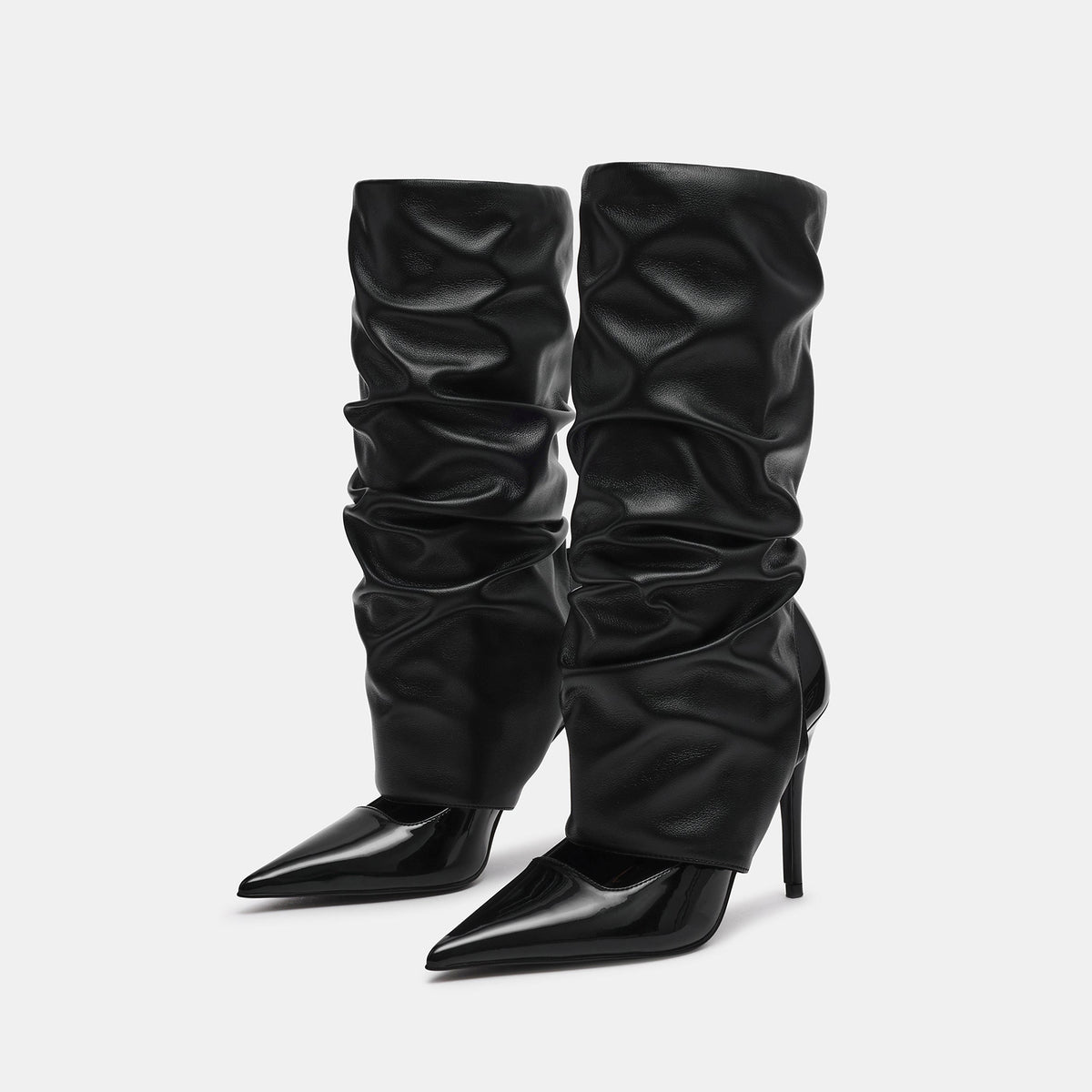 Black Vegan Leather Pointed-Toe Slip-On Mid Calf Stiletto Boots