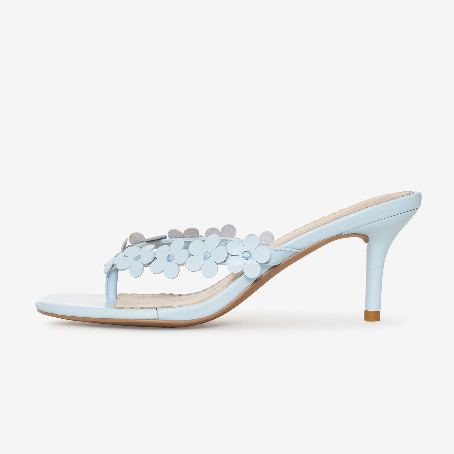 Sky Blue Square-Toe Floral Applique Flip-Flop Chic Kitten Heels