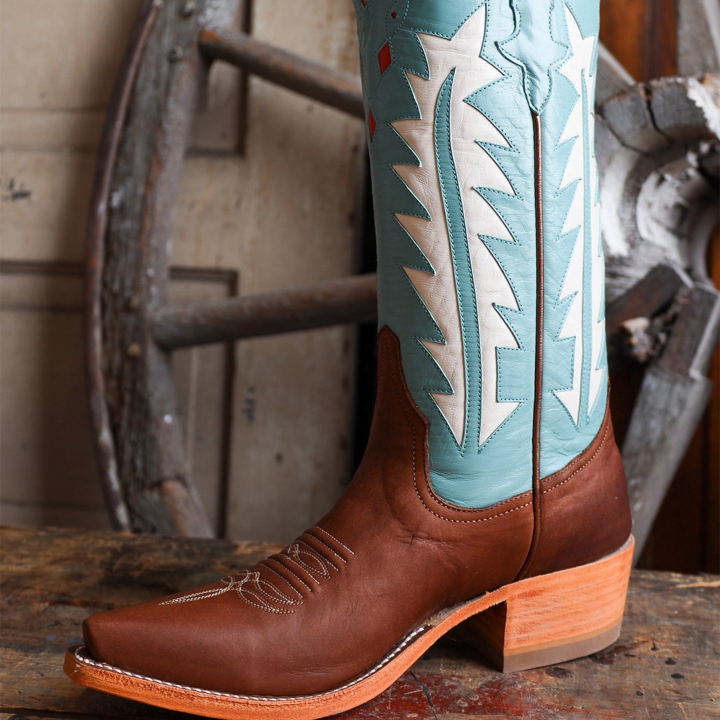 Contrast Brown And Turquoise Snip-Toe White Inlay Mid Calf Cowgirl Boots