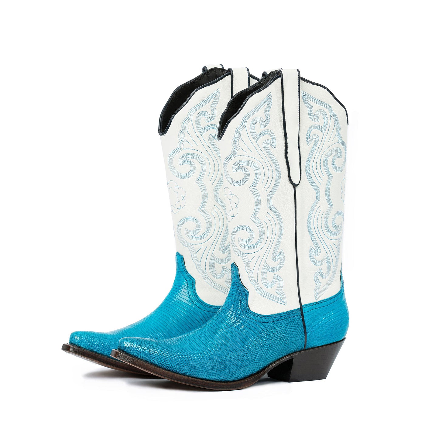 Contrast White And Blue Lizard Print Pointed-Toe Embroidery Mid Calf Cowgirl Boots