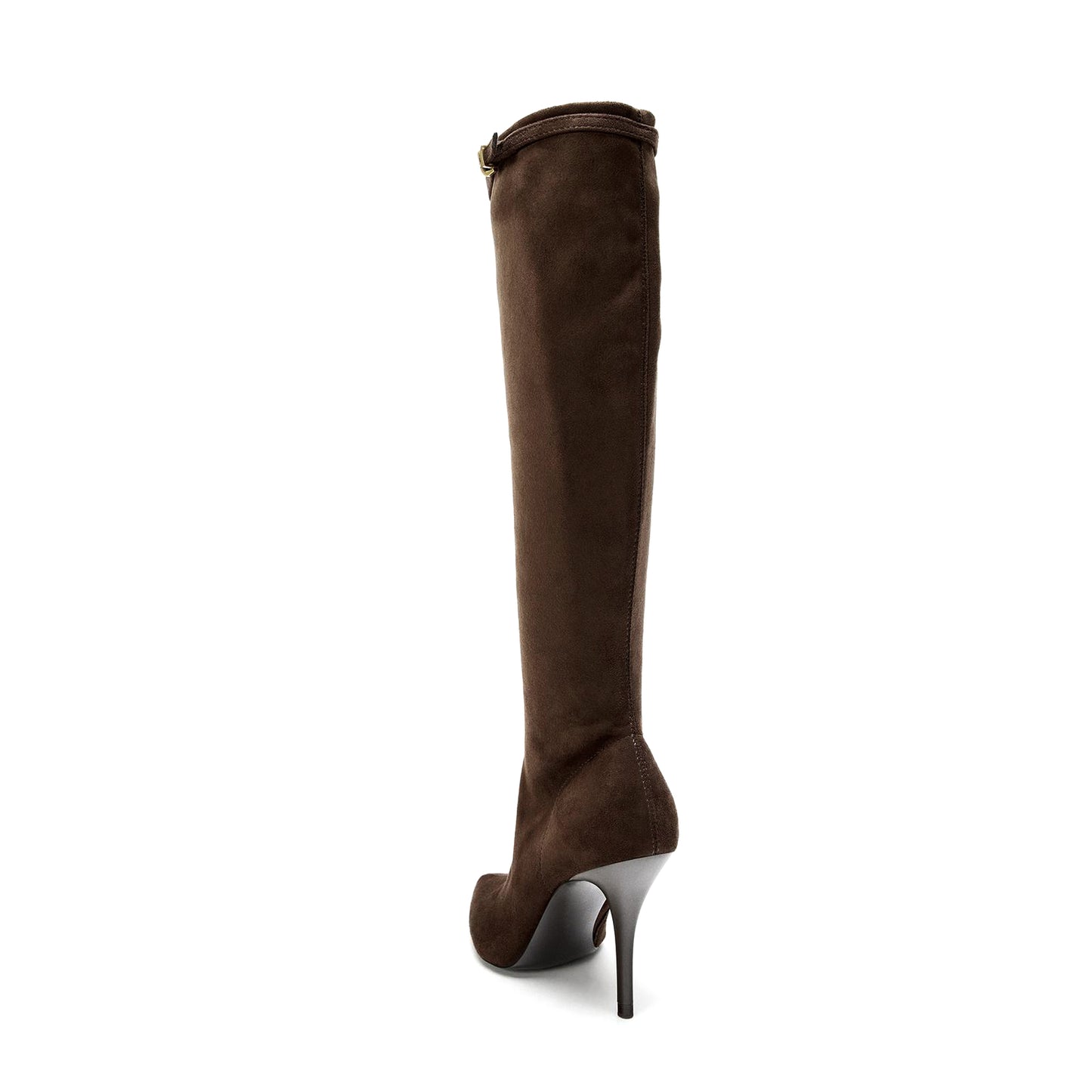 Chocolate Faux Suede Pointed-Toe Top Buckle Strap Full-Zip Knee High Stiletto Boots