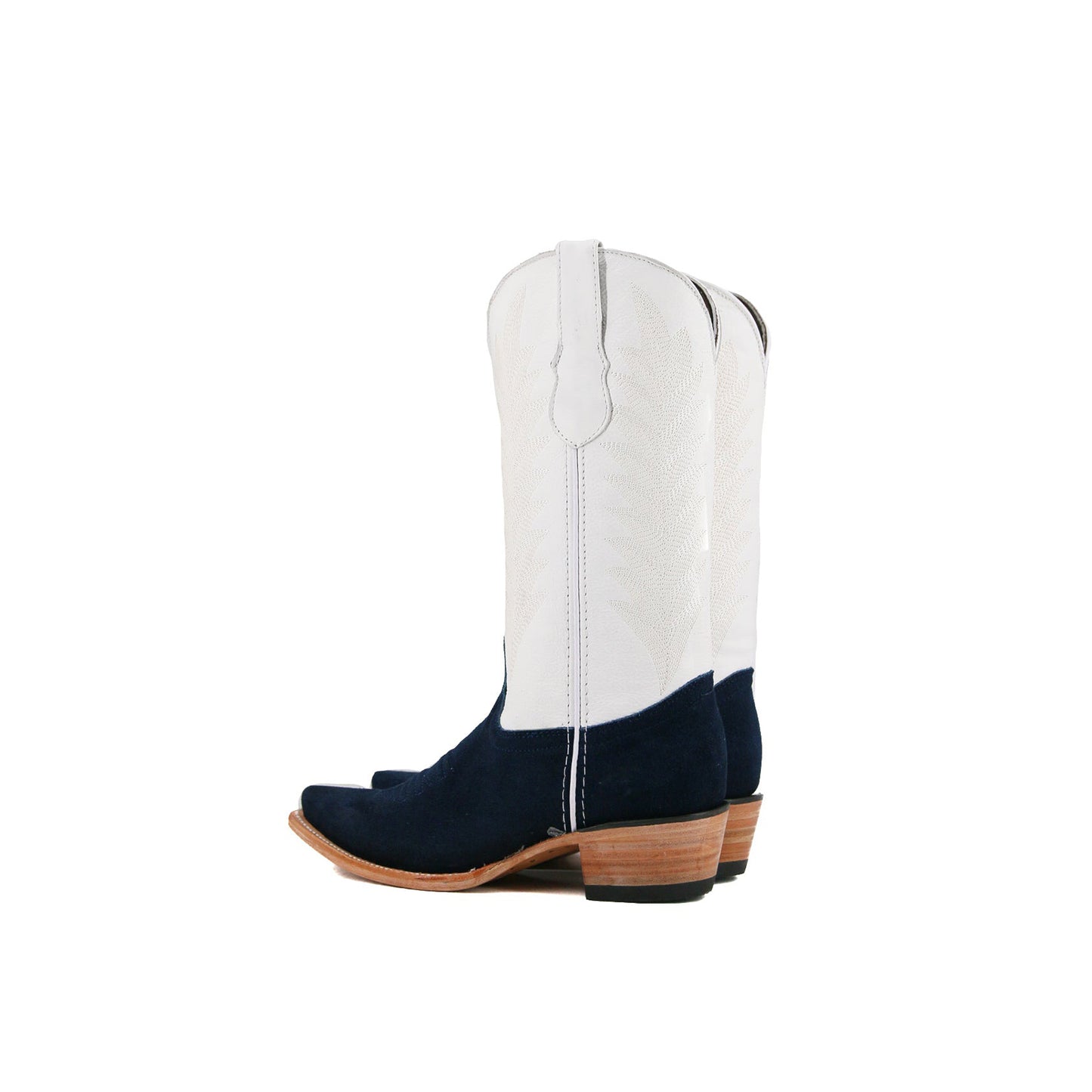 Contrast White And Navy Faux Suede Snip-Toe Embroidery Mid Calf Cowgirl Boots
