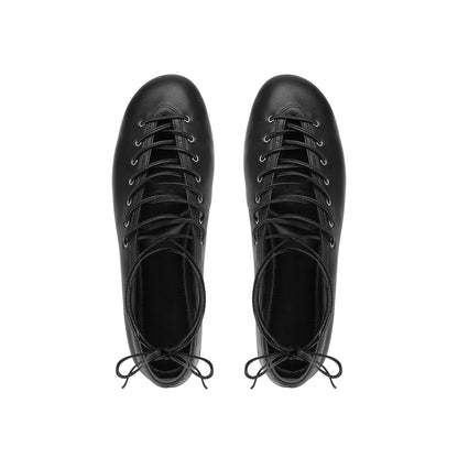 Black Vegan Leather Round-Toe Ankle Lacing Detail Lace-Up Flats