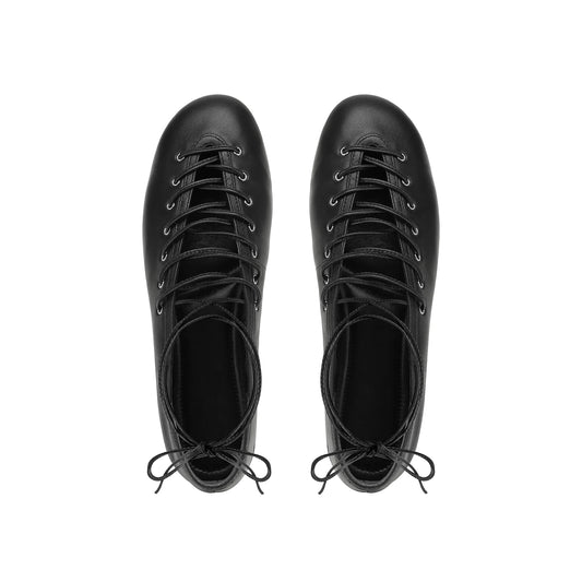 Black Vegan Leather Round-Toe Ankle Lacing Detail Lace-Up Flats