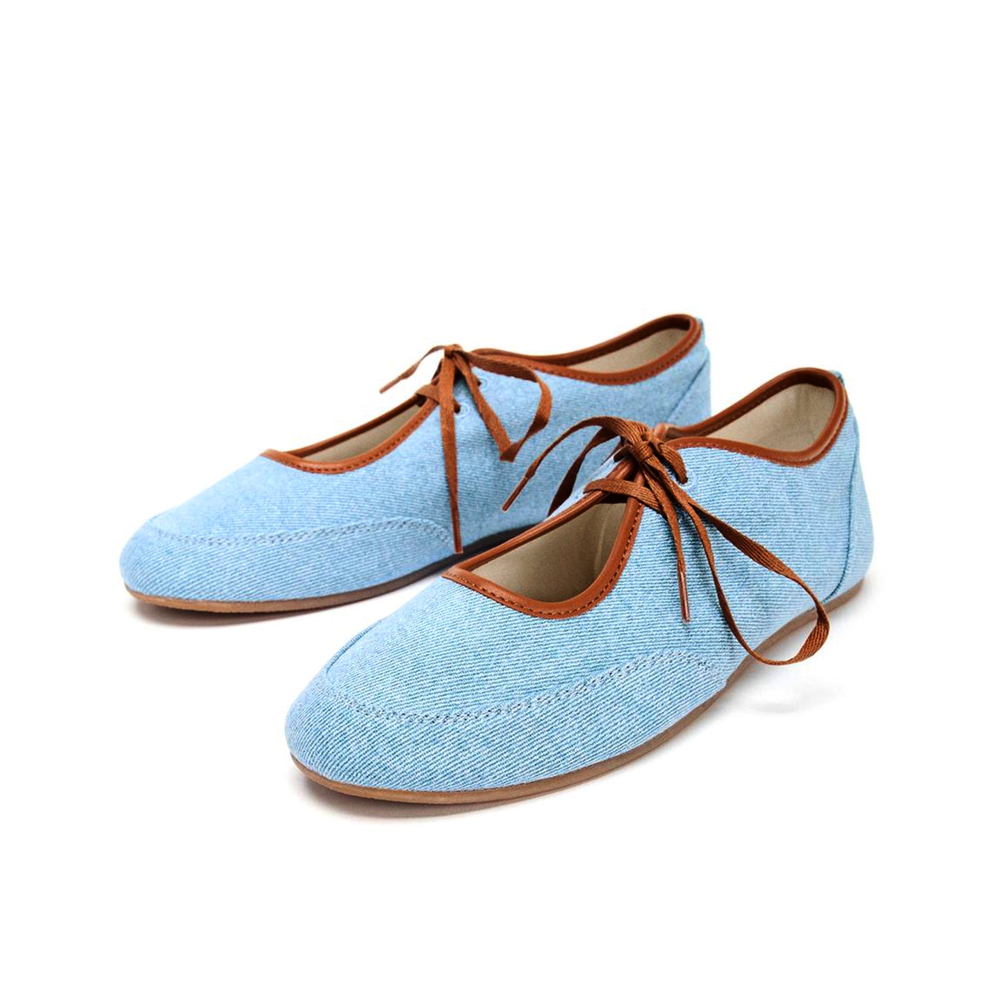 Blue Denim Round-Toe Lace-Up Classic Flats