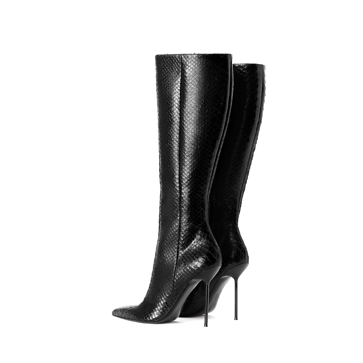 Black Snakeskin Pattern Chic Pointed-Toe Simple Full-Zip Knee High Stiletto Boots