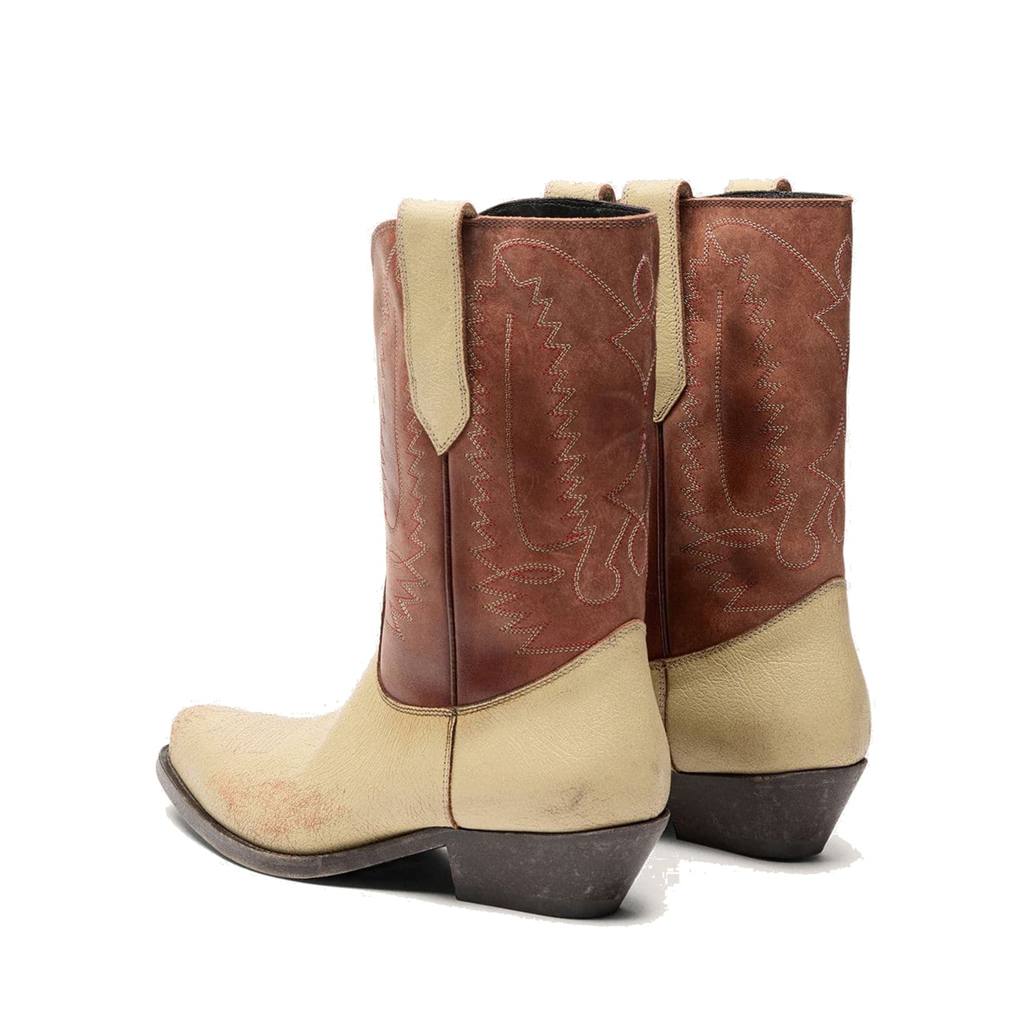 Contrast Brown And Beige Snip-Toe Chic Embroidery Mid Calf Cowgirl Boots