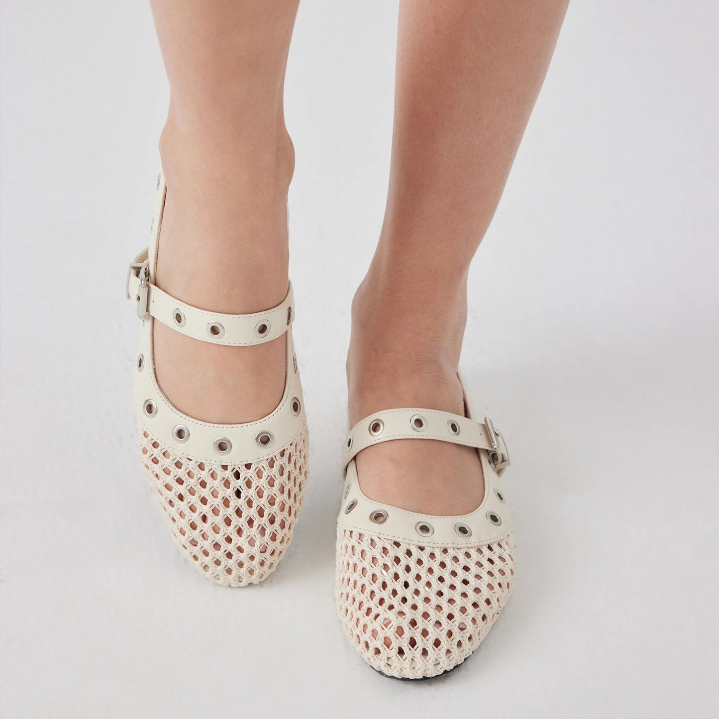 Cream Woven Mesh And Vegan Leather Round-Toe Eyelets Mary Jane Flats