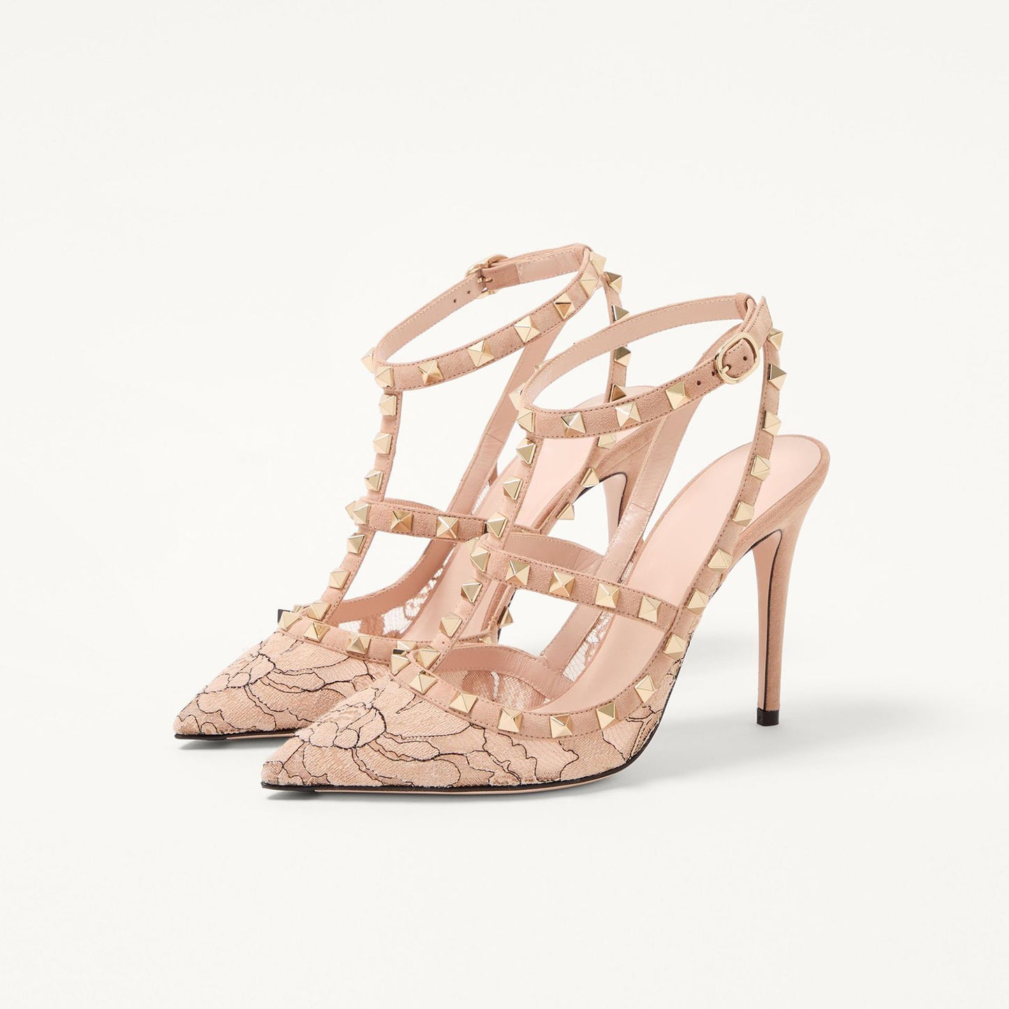 Tan Lace Mesh Pointed-Toe Studded Strappy Slingback High Heels