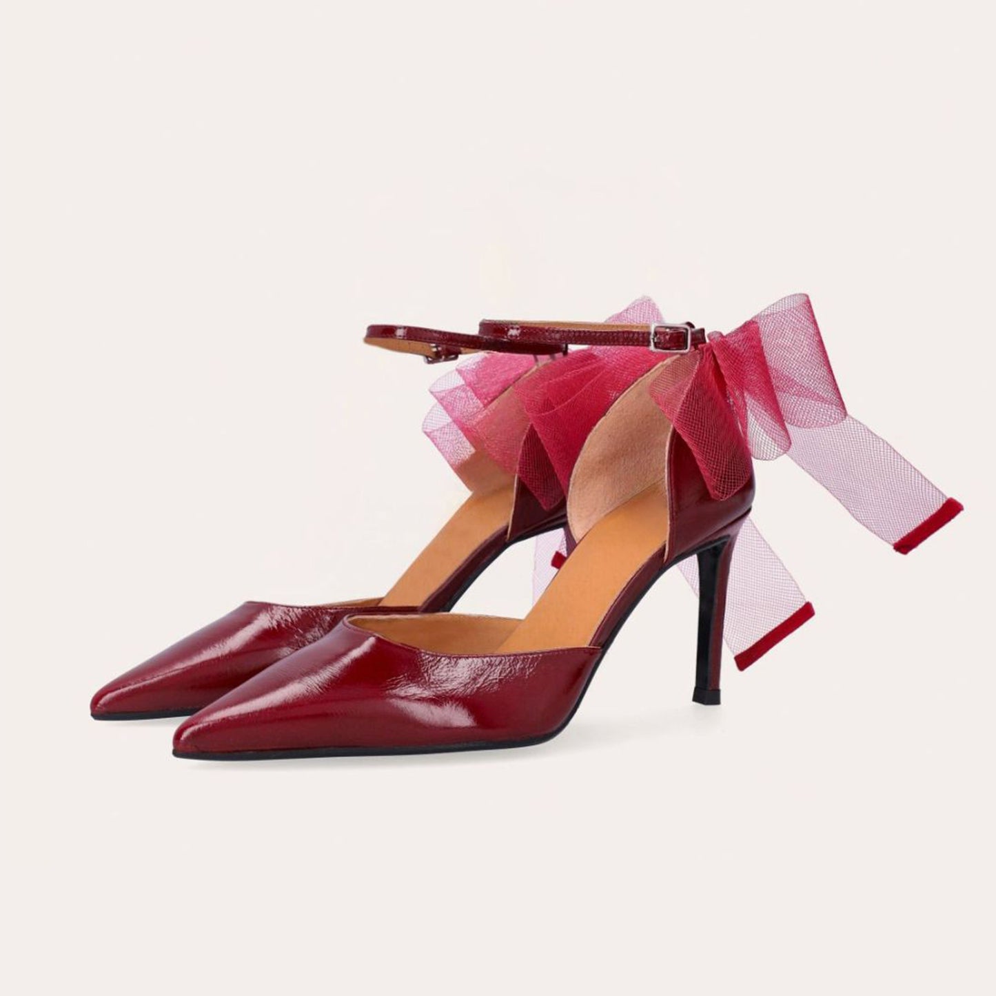 Red Pointed-Toe Chic Back Big Mesh Bow And Ankle Strap High Heels