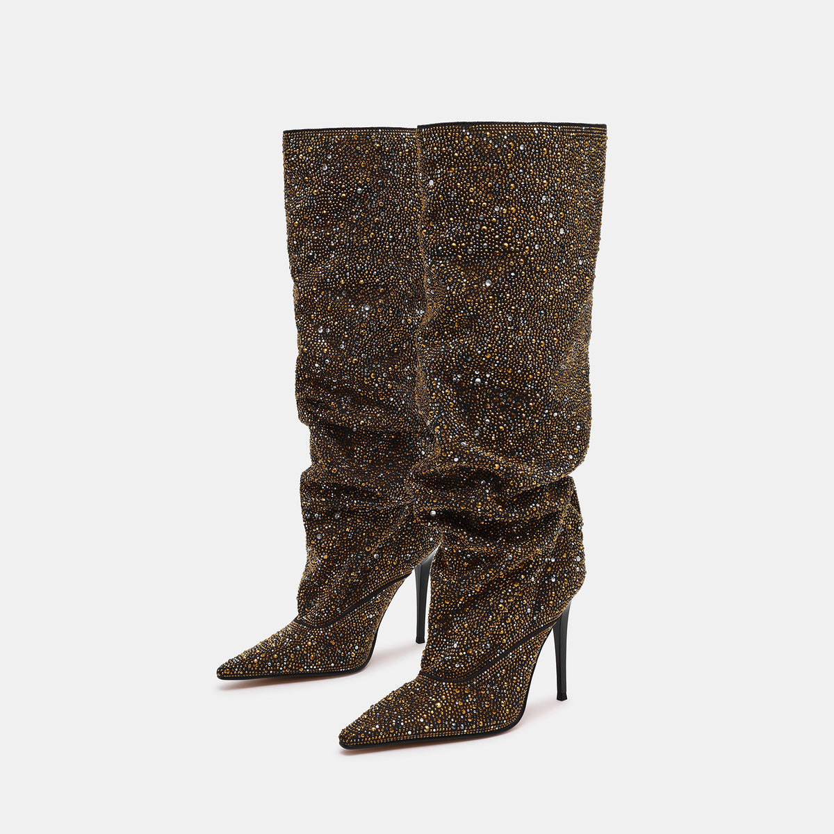 Black Faux Suede Pointed-Toe Full Gold Rhinestones Wide Calf Knee High Stiletto Boots