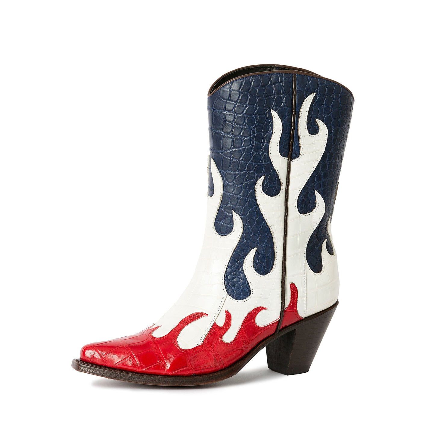 Contrast Colors Crocodile Print Pointed-Toe Flame Appliques Ankle Cowgirl Boots