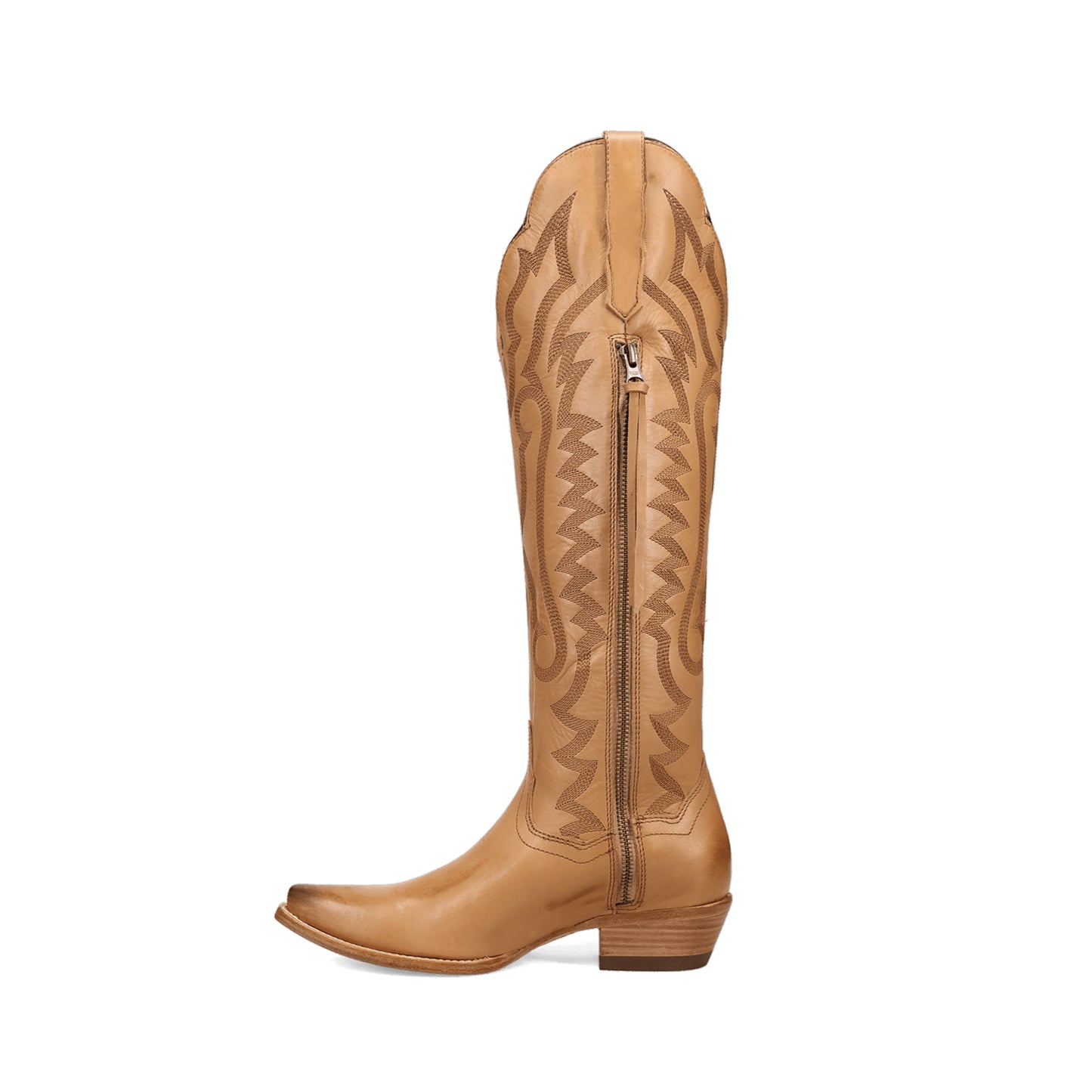 Tan Snip-Toe Grace Embroidery Half-Zip Knee High Cowgirl Boots