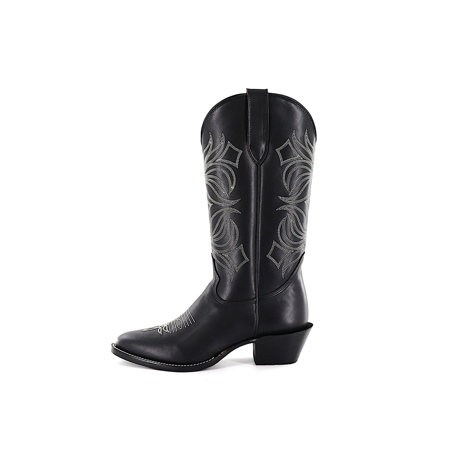 Black Round-Toe Embroidery Classic Mid Calf Cowgirl Boots