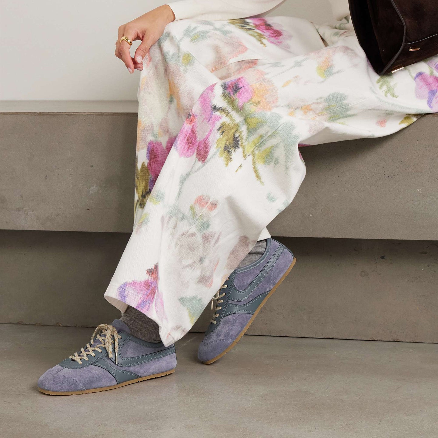 Dark Lilac Contrast Faux Suede And Vegan Leather Square-Toe Lace-Up Sneakers Flats