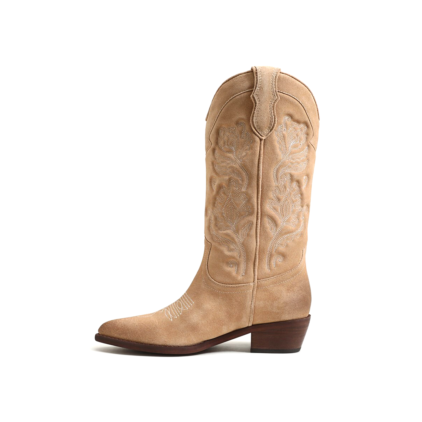 Tan Faux Suede Almond-Toe Flowers Embroidery Mid Calf Cowgirl Boots
