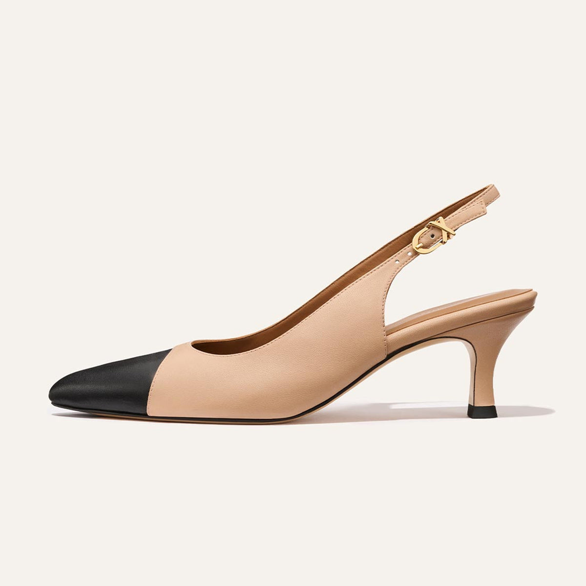 Beige And Black Pointed-Toe Chic Back Strap Kitten Heels