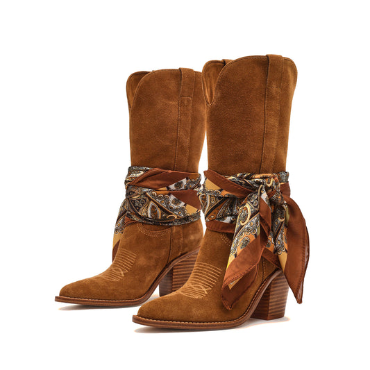 Brown Faux Suede Almond-Toe Classic Simple Mid Calf Cowgirl Boots