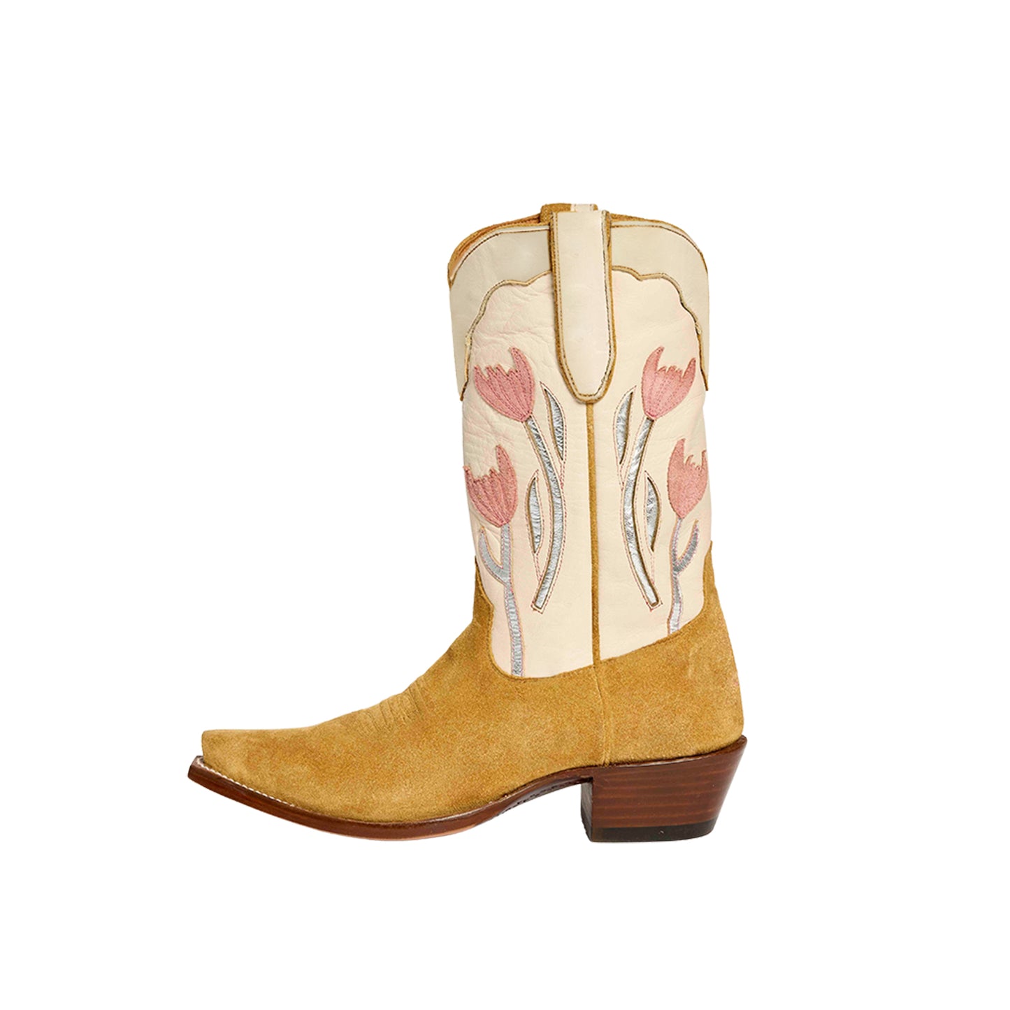 Contrast Bone And Camel Snip-Toe Tulip Inlay And Applique Mid Calf Cowgirl Boots